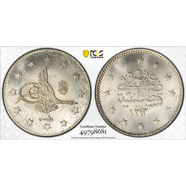 TURKEY: Abdul Hamid II, 1876-1909, AR 2 kurush, Kostantiniye, AH1293 year 8 (1883), PCGS MS66