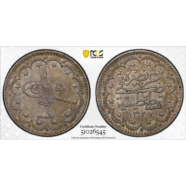 TURKEY: Mehmet V, 1909-1918, AR 5 kurush, Kostantiniye, AH1327 year 6, PCGS AU58
