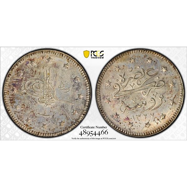 TURKEY: Mehmet V, 1909-1918, AR 2 kurush, Bursa, AH1327 year 1, PCGS MS62