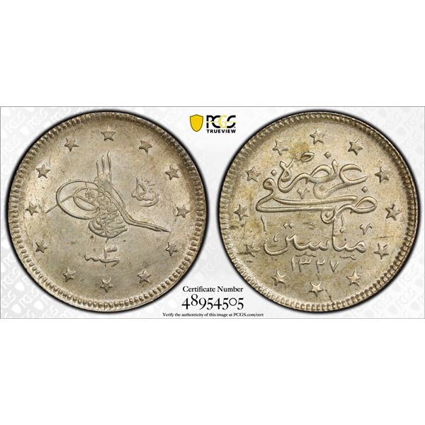TURKEY: Mehmet V, 1909-1918, AR 2 kurush, Manastir, AH1327 year 3, PCGS MS63