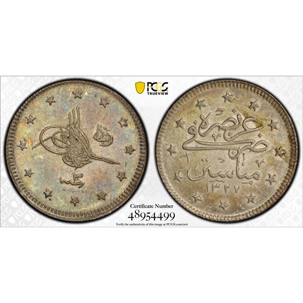 TURKEY: Mehmet V, 1909-1918, AR 2 kurush, Manastir, AH1327 year 3, PCGS MS61