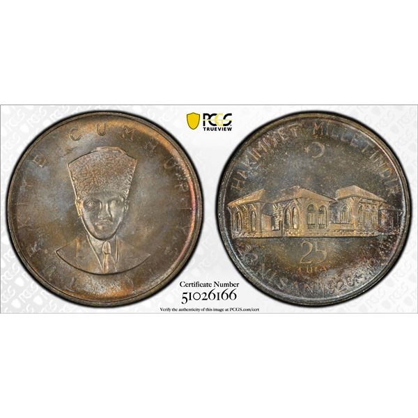 TURKEY: Republic, AR 25 lira, 1970, PCGS MS66