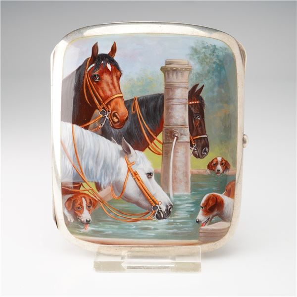 German Sterling Silver Equestrian Theme Cigarette Case Box