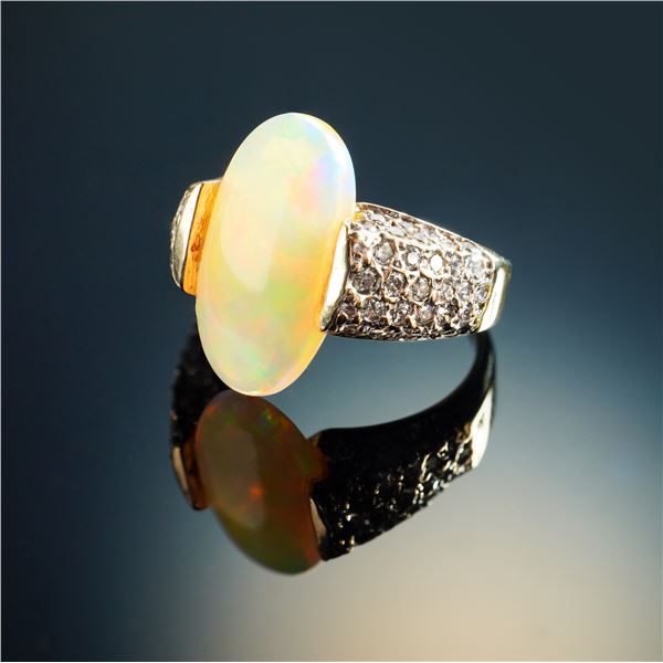 14K Gold Ring with 4.34ct Opal and 1.00ct Diamond Accents