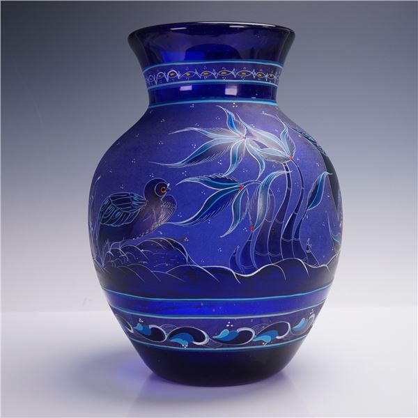 Signed Cobalt Blue Art Glass Vase with Hand-Painted Bird & Floral Motif