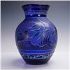 Image 1 : Signed Cobalt Blue Art Glass Vase with Hand-Painted Bird & Floral Motif