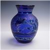 Image 2 : Signed Cobalt Blue Art Glass Vase with Hand-Painted Bird & Floral Motif