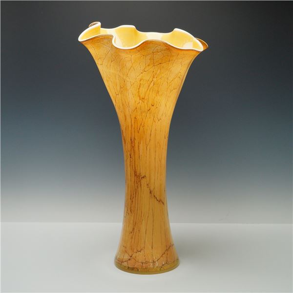 Tall Freeform Art Glass Floor Vase with Amber Crackle Veining