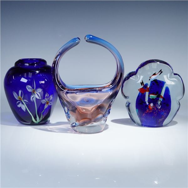 3pc Art Glass Vase, Basket, and Murano Style Paperweight