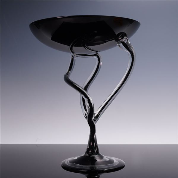 Contemporary Hand-Blown Black Art Glass Pedestal Bowl