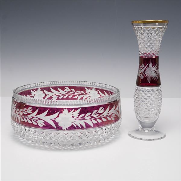 2pc Cut to Cranberry Crystal Bowl and Vase