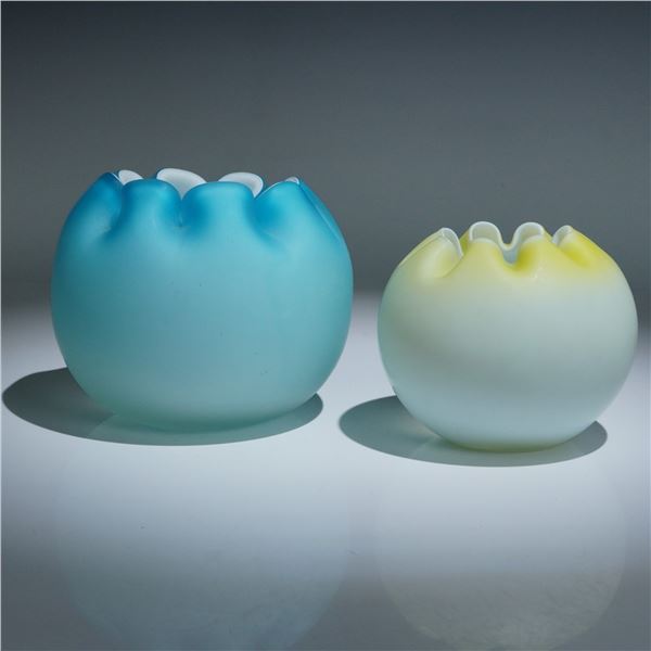 2pc Satin Glass Rose Bowls, Blue and Yellow