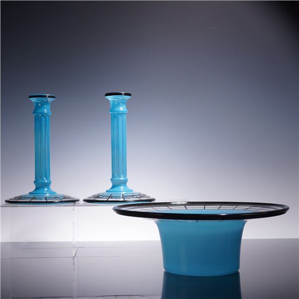 3pc Blue Art Glass Console Set with Black Grid Accents