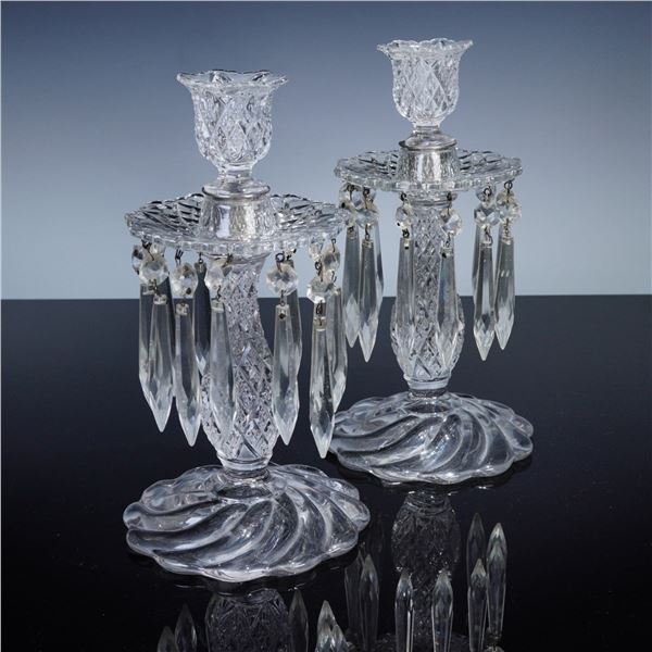 2pc Duncan & Miller Sandwich Clear Glass Candlestick Lustres