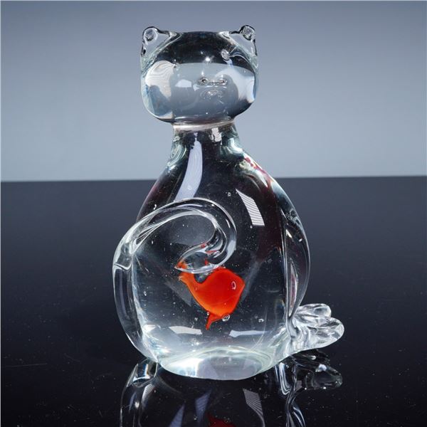 Murano Glass Cat Sculpture, Clear with Encased Red Fish