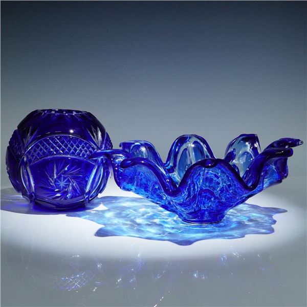 2pc Group of Cobalt Blue Glass, Murano and Bohemian