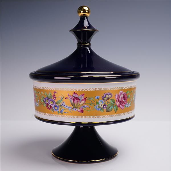 Italian Cobalt Blue Floral Banded Lidded Pedestal Dish