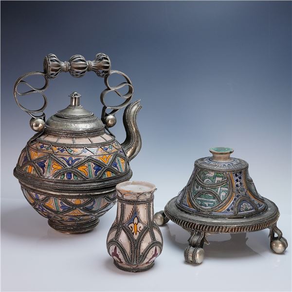 4pc Moroccan Filigree and Enamel Decorated Tea Set