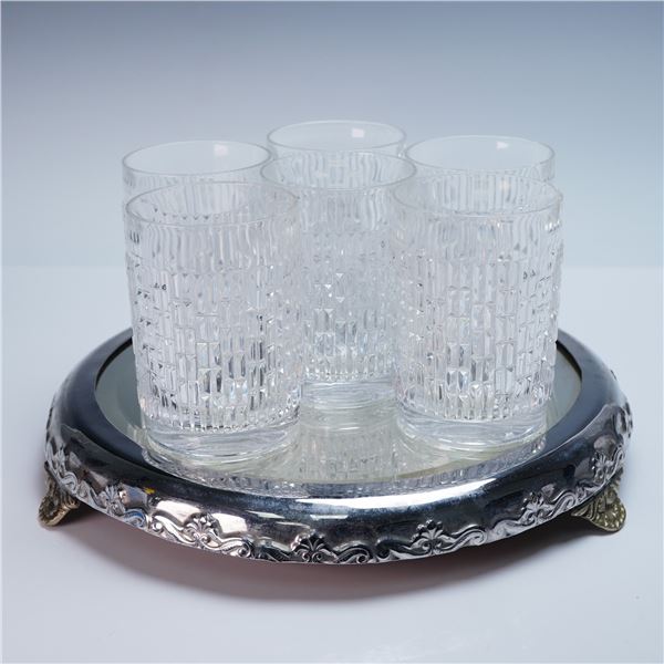 7pc Set of Pressed Glass Tumblers with Silverplate Mirrored Tray