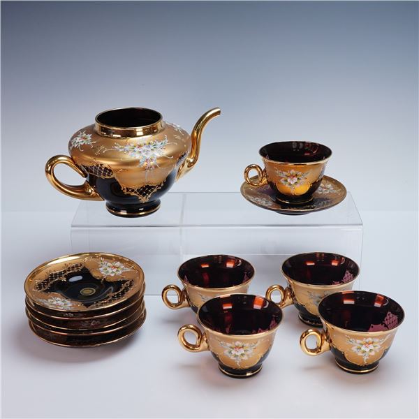 12pc Murano Glass Tea Set With 24kt Gold Paint