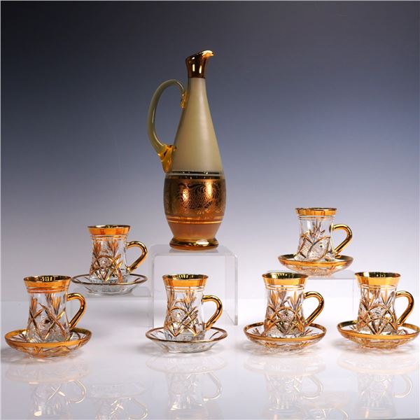 13pc Vintage Bohemian Amber and Gold Gilded Glass Turkish Coffee Set