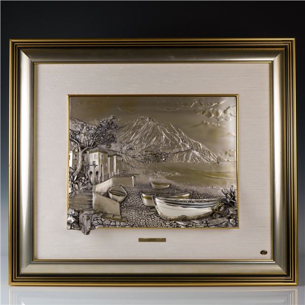 Valenti Italian Silver Relief Wall Art, Coastal Village Scene