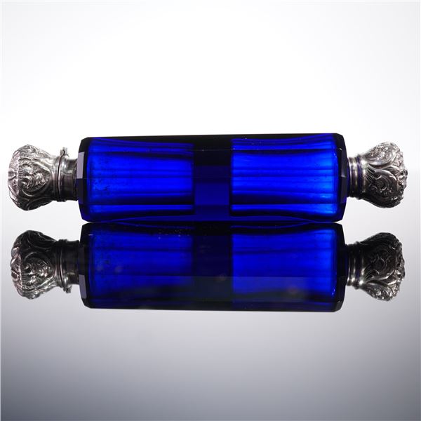 Dutch Silverplate and Metal-Mounted Double-Ended Blue Glass Scent Bottle