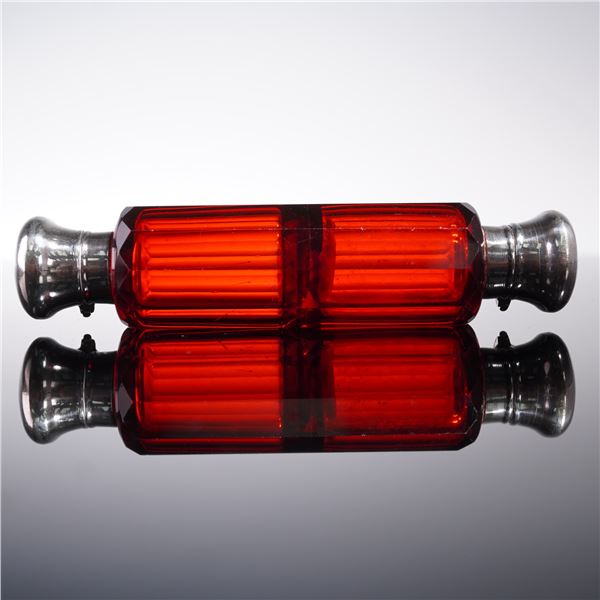 Dutch Silverplate and Metal-Mounted Double-Ended Ruby Glass Scent Bottle