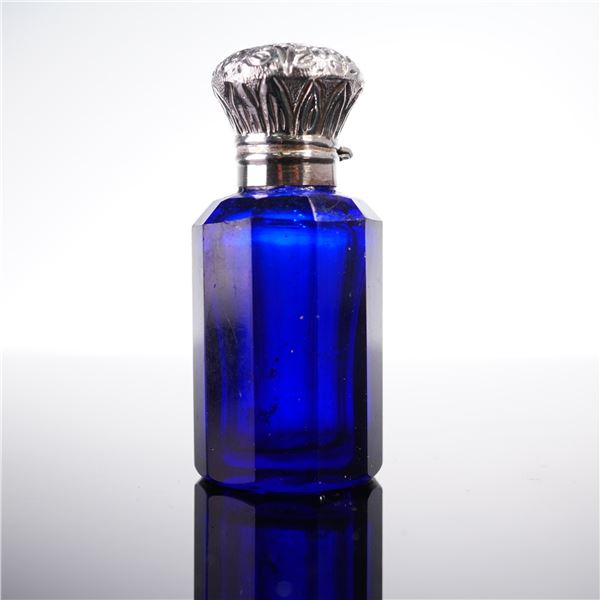 European Silverplate and Metal Mounted Blue Glass Scent Bottle