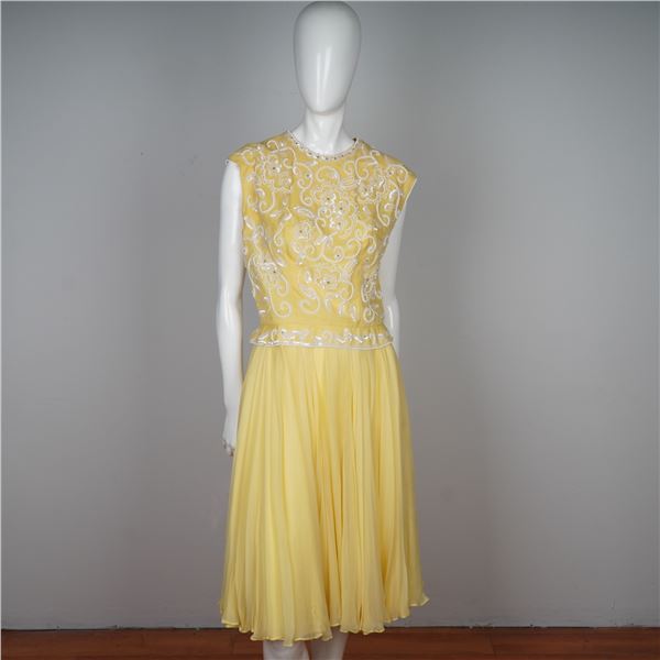 Yellow Beaded Silk Party Dress with Sequined Bodice