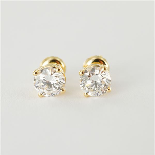 Pair of 14K Yellow Gold Lab Diamond Stud Earrings, 1.50 CTW