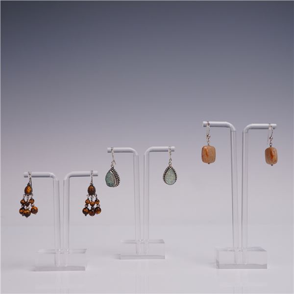 3pr Sterling Earrings Lot Druzy Tiger Eye and Stone