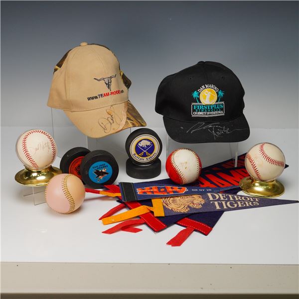 14pc Sports Memorabilia Lot With Signed Hats, Baseballs & Pucks
