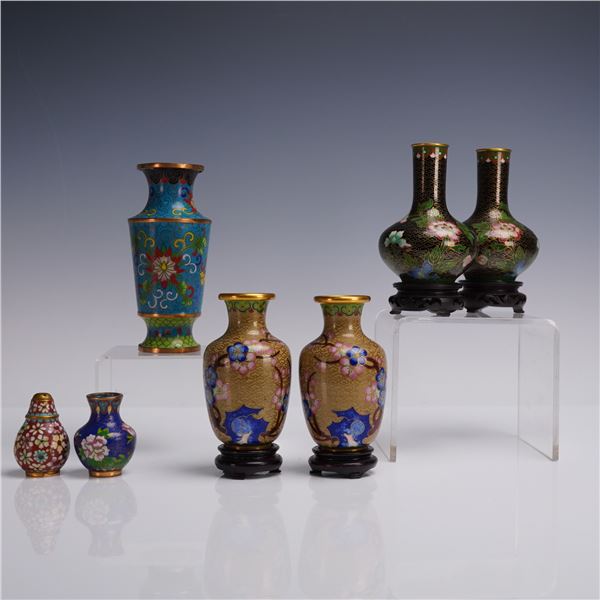 11pc Chinese Cloisonne Bud Vases and Shakers with Bases
