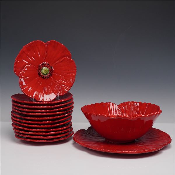 14pc Ambiance Fleur Rouge Red Poppy Dessert Set by Nanette Vacher