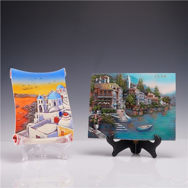2pc Relief Wall Plaques, Elba and Santorini Coastal Scenes