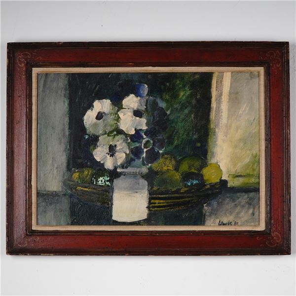 Lewis, 1960s Oil on Board Painting, Still Life w/ Flowers & Fruits, Signed