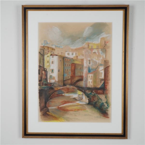 Original Pastel on paper, Cityscape with Bridge, Signed