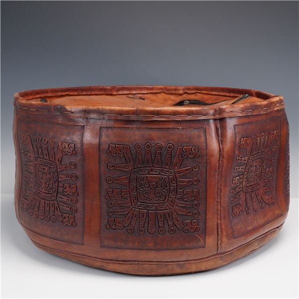 Mid-Century Mayan Tooled Leather Ottoman - In the Style of Angel Pazmino