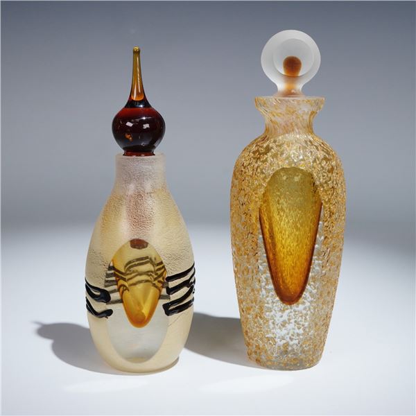 Art Glass Bottles with Stoppers, Amber and Gold Inclusions