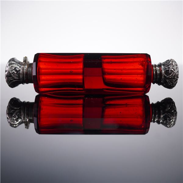 Dutch Silverplate and Metal-Mounted Double-Ended Ruby Glass Scent Bottle