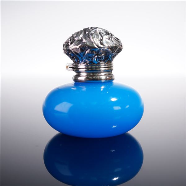 English Silver and Metal-Mounted Blue Opaline Glass Scent Bottle