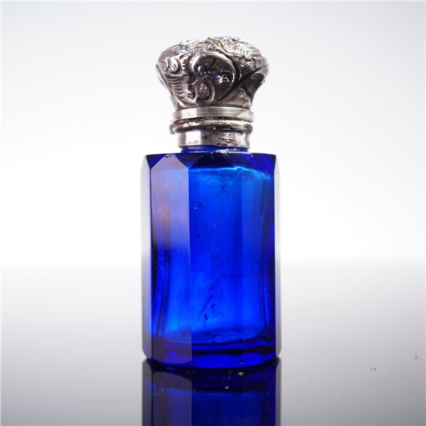 European Silverplate and Metal Mounted Blue Glass Scent Bottle
