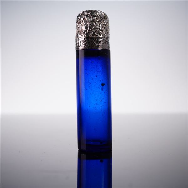 European Silverplate and Metal Mounted Blue Glass Scent Bottle