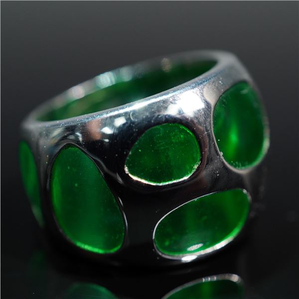 Sterling Silver and Green Glass Openwork Ring