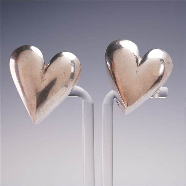 One pair Sterling Silver Heart Clip Earrings Signed