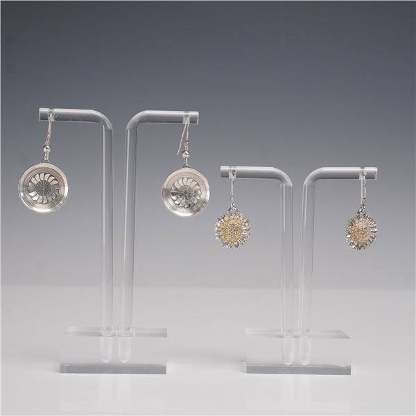 2pr Sterling Silver Dangle Earrings Flower and Disc