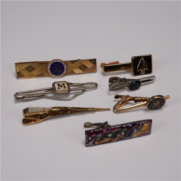 7pc Vintage Men's Tie Clips - Watch, Monogram, Rifle & Enamel Design