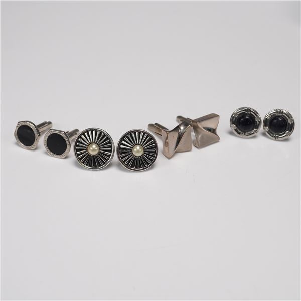 8pc - 4 Pr MCM Silver Tone Men's Cufflinks with Gemstone & Geometric Design