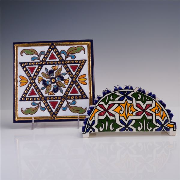 2pc Hand-Painted Ceramic Judaica & Moorish-Style Decorative Tiles